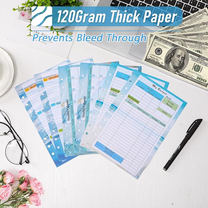 Toplive 3 Pack A5 Planner Refill 82 Sheet Colored Monthly Weekly Planner Refill Paper 6 Hole Budget Sheets Expense Tracker Inserts for A5 Binder Cover Bill Saving Organizer, Blue