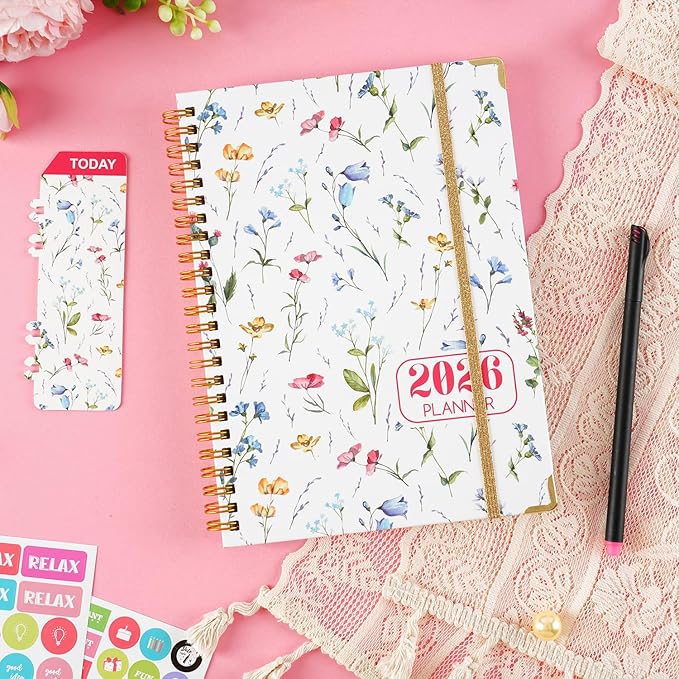 2026 Planner, Daily Weekly Monthly Planner with Tabs, 2026 monthly planner with Color Pen, Sticky Notes and Stickers, 6.2" x 8.5", Durable Twin Wire Binding, Storage Pocket - Floral Multicolor