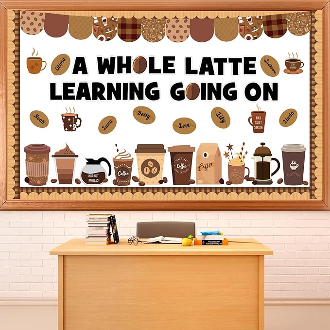 Coffee Bulletin Board Set Coffee Cup Classroom Decoration Latte Themed Paper Cutouts Positive Bulletin Board Border for Back to School Nursery Chalkboard Classroom Door Wall Decor Teacher Supplies