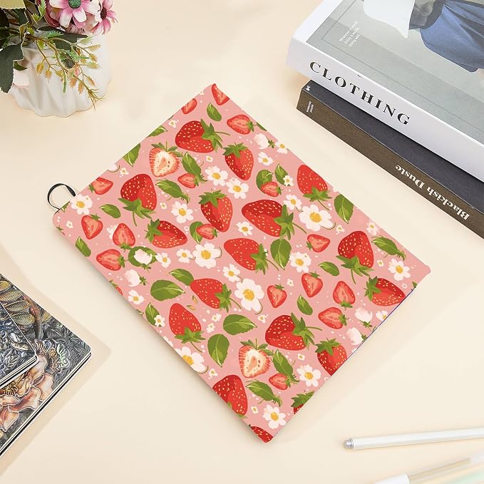 CRASPIRE Strawberry Stretchable Book Cover Fruits Flower Pink Washable Reusable Large Nylon Cloth Polyester Book Protector Elastic Notebook Wraps Suitable for Most Hardcover Books