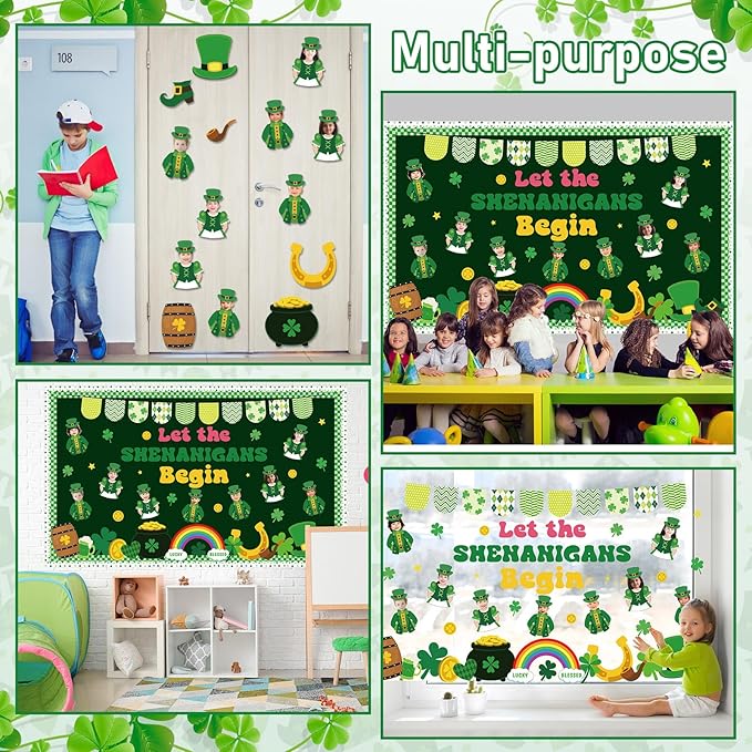 St. Patrick's Day Bulletin Board Decorations Set Leprechaun DIY Photo Craft Cutouts Green Lucky Shamrock Rainbow Irish Classroom Decoration for Holiday Party School Home Office Chalkboard Wall Decor