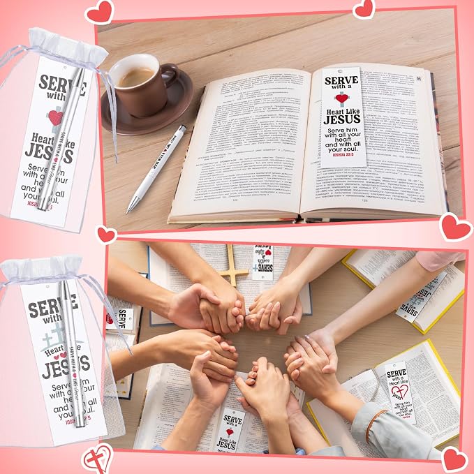 Dispowreath 24 Pcs/ 12 Sets Serve with a Heart Like Jesus Bookmarks with Christian Pen Include 12 Christian Joshua 22: 5 Bookmarks 12 Jesus Pens for Religious Church Volunteers Prizes Party Favors
