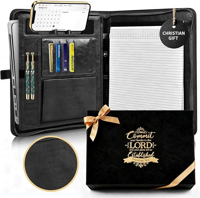 Leather Portfolio for Men and Women – Business Binder Portfolio, Professional Organizer for Men and Women, Christian Gifts, Laptop & iPad Case, Bible Notepad Holder (Black)