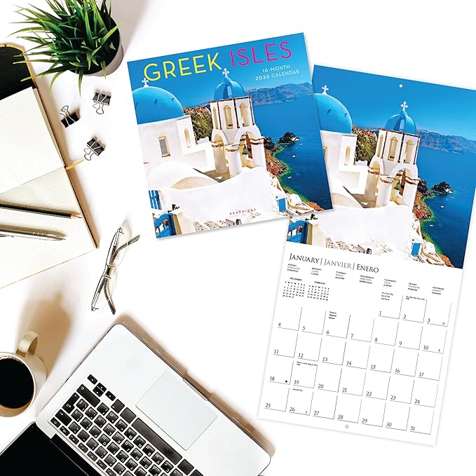 Graphique 2026 Greek Isles Mini Wall Calendar | 7” x 7” | Thick Paper | Home & Office Organizer | Large Monthly Grid | 3 Languages & Marked Holidays | 4 Month Preview Page for 2027