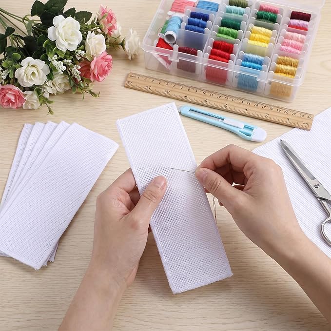 10 Pcs Blank Cross Stitch Bookmarks, Shimmeroo Cotton Fabric Book Marker Cross Stitch with Embroidery Edge Rectangle Embroidery DIY Bookmark for Crosstitch Project(7.48 * 2.76 Inch)