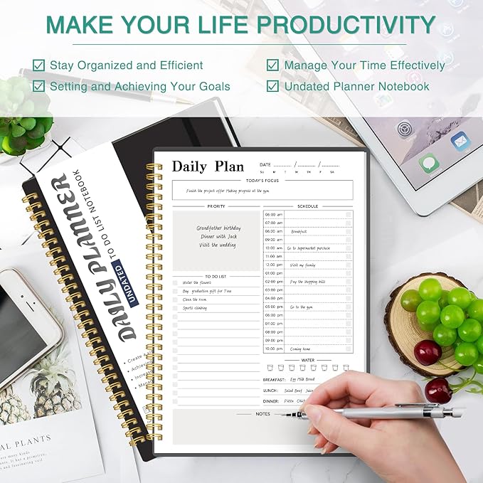 Daily Planner Undated, To-Do List Notebook with Hourly Schedule, Spiral Appointment Organizer Calendar for Man / Women, Flexible Cover, Twin-Wire Binding Elastic Closure, Pocket Pen Loop, 160 Pages