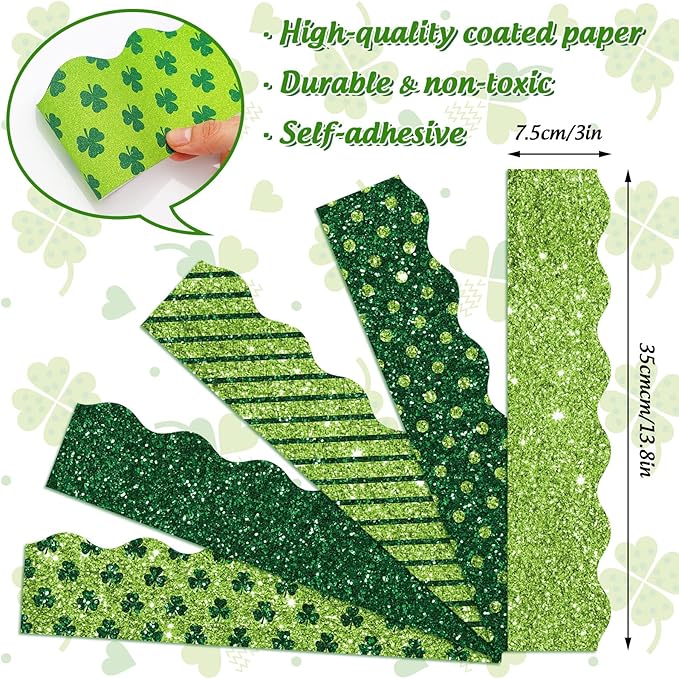 Whaline 69 Ft St. Patrick's Day Glitter Bulletin Board Borders 5 Designs Shine Green Shamrock Clover Stripe Dot Border Trim Bulletin Board Stickers for Classroom Office Irish Party Decor