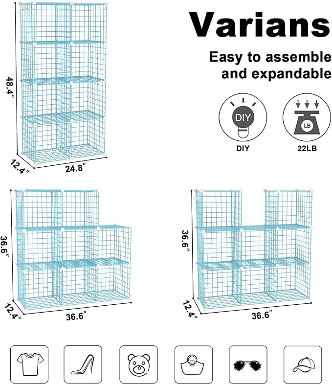 C&AHOME Wire Cube Storage, 8 - Cube Organizer Metal C Grids, Modular Shelves Units, Closet Organizer, Ideal for Home, Office, Living Room, 24.8" L x 12.4" W x 48.4" H, Blue UWCS3008B