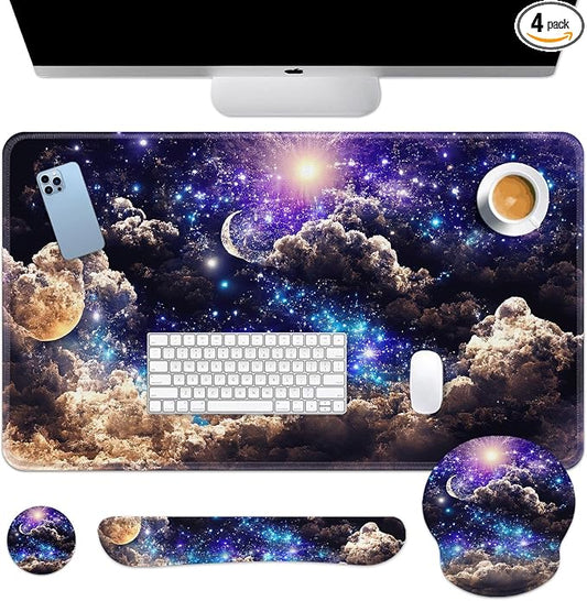 Britimes Moon Space Night Keyboard Mouse Pad Set Blue Cute Cloud 4in1 Large Mousepad+Keyboard Wrist Rest+Mouse Wrist Rest+Coaster Ergonomic Design for Home Office Computer 35.4x15.7 inches