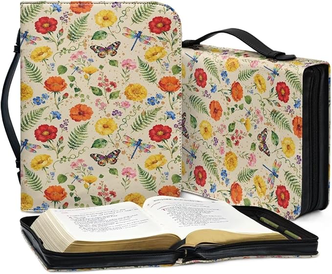 Bible Cover Case for Women,Daisy Print Carrying Book Case for Bible Accessories Leather Carrying Cases with Handle&Zippered Pocket A Christian Gift for Women-XL