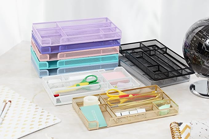 Annova Desk Drawer Organizer Tray for Office Organization - Metal Mesh - Storage Tray with Dividers for Pens, Desktop Accessories, Bathroom, Kitchen, Makeup and Office Supplies (Small, Purple)
