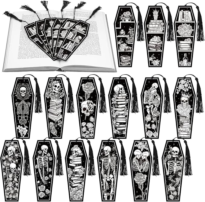 Kolldenn 120 Pcs 12 Styles Halloween Gothic Skeleton Coffin Bookmarks Double Sided Book Tracker Skull Horror Bookmark Gothic Book Marker with Black Tassels for Reading Lovers Gifts Accessories
