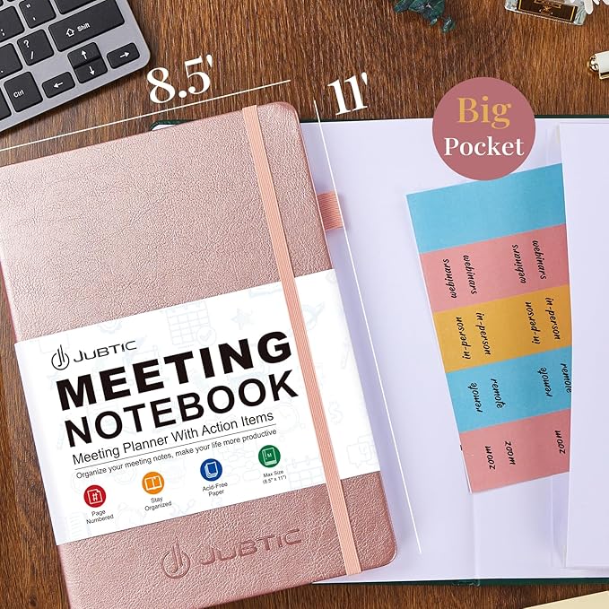 JUBTIC Meeting Notebook for Work with Sticky Tabs - Office & Business Project Planner for Notes Taking, Meeting Agenda/Minutes Organizer for Women Men, 160 Pages (A4 8.5”x11”) - Rose Gold