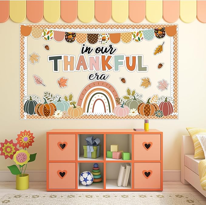 Thanksgiving Pumpkin Bulletin Board Decorations Fall Classroom Decors Leaves Pumpkin Rainbow Paper Thankful Cutouts for Class School Autumn Harvest Chalkboard Wall Decor Supplies