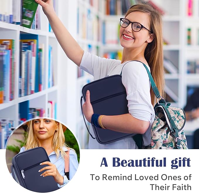 Small Bible Cover Case for Women and Men, 9x6 PU Leather Bible Sleeve, Compact Travel Bible Carrier Bag with Front Pen Holders, Zipper Closure, Inner Pockets - Navy Blue
