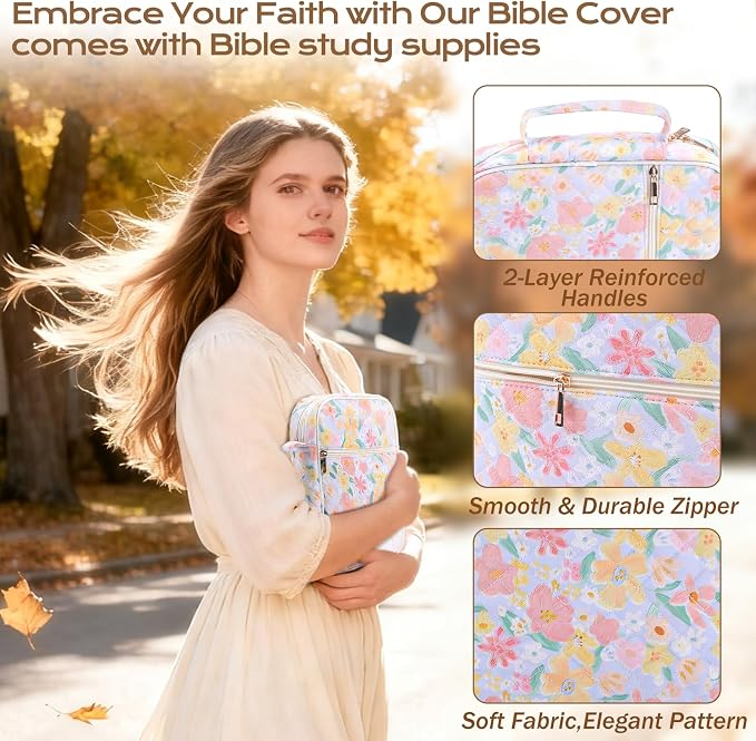 XKDOUS Large Bible Bags Floral Bible Cover with Durable Handle, Tabs, Pens, Study Supplies Carrier Organizer, Church Book Carrying Case Christian Gifts for Mom Women Lady