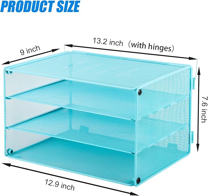 EASEPRES Paper Organizer Tray, 3 Tier Mesh Desk File Organizer Letter Sorter Holder for Home Office, Blue