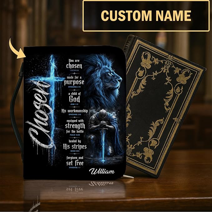 Personalized Man of God Bible Cover for Men, Christian PU Leather Bible Case with Handle Zipper, God Says I Am Warrior Scripture Bible Holder, Religious Gift for Men (Warrior Choosen)