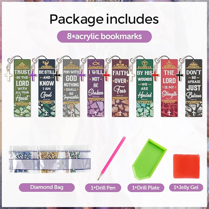 8 Pieces Christian Bible Verse Diamond Art Bookmarks 5d Christian Beaded Bookmark Acrylic Tassel Bookmark for DIY Making Beginners Adults Arts Craft Supplies (Bible)