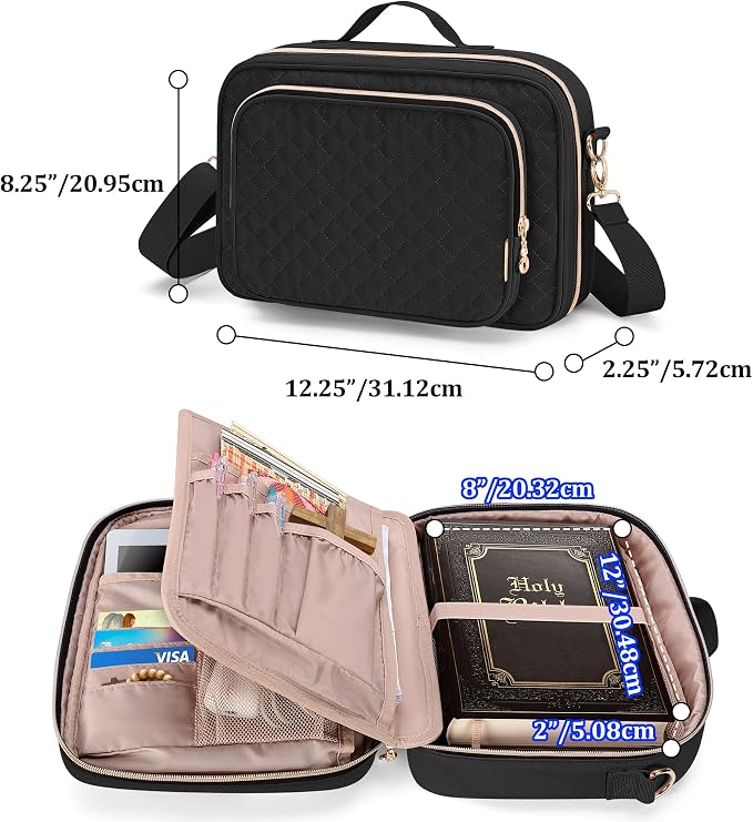 Teamoy Large Bible Cover, Women Bible Carrying Case Church Bag with Straps and Pens Holder, Bible Study Supplies Tote Bag, Black Quilted