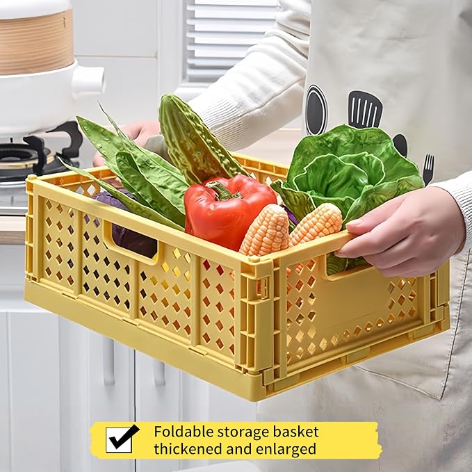 1-Pack Small Storage Crates, Golden Yellow Stackable & Foldable Plastic Bins - Versatile Organizers for Home, Office, Kitchen, Bedroom, Bathroom