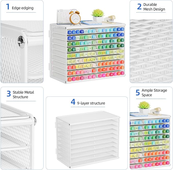 Marbrasse Mesh Marker Organizer, Metal Desktop Storage Rack for 126 Markers, Pens, Pencils, 9 Tier Marker Holder for Office Classroom & Home Art Supplies(White)