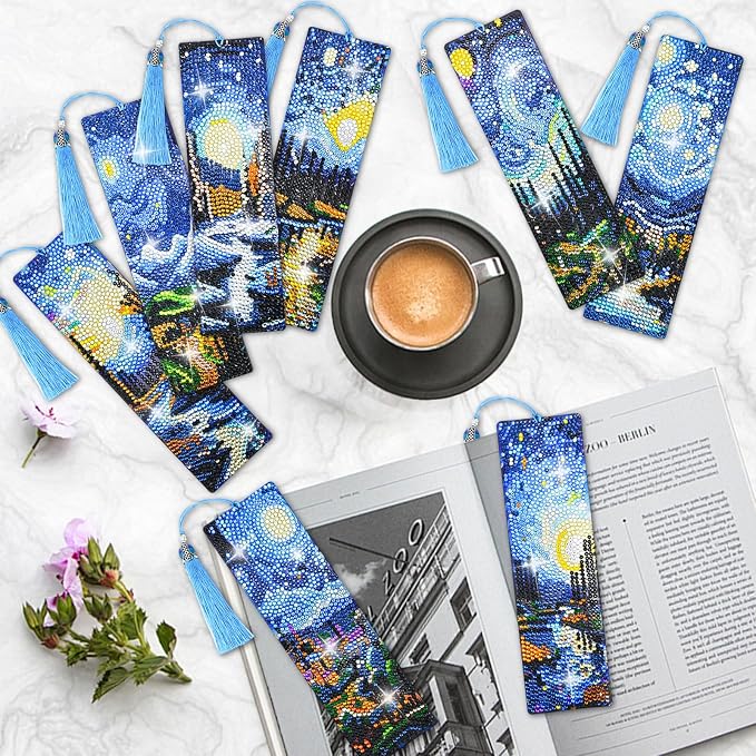 8 Pcs Diamond Painting Bookmark, Leather DIY Book Makers for Adults Book Lovers, Diamond Art Beginners, Small Diamond Art Kits, Paint by Art Crafts Supplies Gift for Girls (Starry Night)