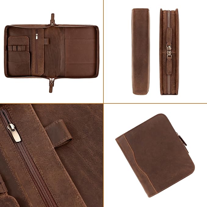 ELIZO Leather A5 Portfolio Padfolio Folio A5 Notebook Journal Cover Planner Binder Small Mens Business Work Folder Organizer (Grizzly)