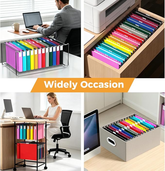 Ansook Legal Size Hanging File Folders, 12 Pack 1.5 Inch Expandable Side-Sealed Legal Size File Folders, Assorted Colors Plastic Hanging Folders with Tabs for Office School Home Filing Cabinet