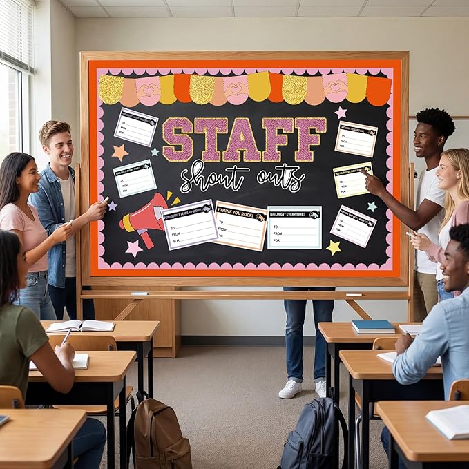 Mooliwe Bulletin Board Decoration Kit Staff Shout Out Bulletin Board Set with 20 Pcs Shout Out Appreciation and Recognition Cutouts for Office Appreciation Wall Door