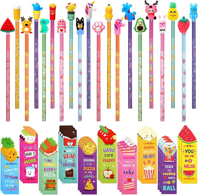 Teling 80 Pcs Scented Bookmarks and Pencils with Cute Toppers Set Fun Pencils Fruit Food Theme Scratch and Sniff Bookmarks Cartoon Pen Toppers Study Supplies(Lovely Style)