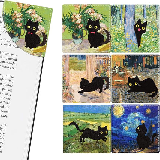 6Pcs Black Cat Corner Bookmark, 2.76 x 2.76in PU Leather Bookmarks, Cute Bookmarks for Women, Mothers Day Gifts, Reading Book Page Markers for Book Lovers Gift, Student, Teacher