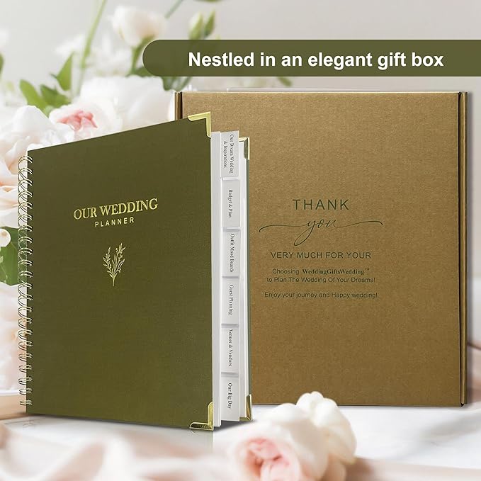 LADY&HOME Wedding Planner Book and Organizer, Linen Cover Wedding Planner Book, Bridal Planning Binder for Bride to be Gifts with Calendars, Checklist and Pockets(Emerald Green)