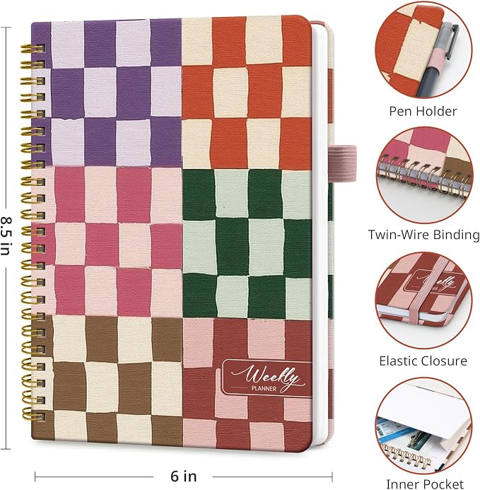 Taja Undated Weekly Planner, Weekly To Do List Notebook with Goal & Habit Tracker Organizer, A5 Weekly Planner Notebook with Spiral Binding, 6.1" x 8.2" - Checkered