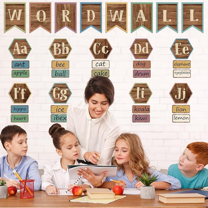 Word Wall Classroom Bulletin Board Set Classroom Alphabet Letters for Wall Alphabet Classroom Decoration Supplies for Home Preschool Primary School Wall Decor （Wood Grain