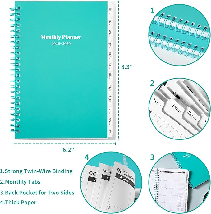 2026-2030 Monthly Planner/Calendar - January 2026 - December 2030, 5 Year Planner with Tabs, 6.4" x 8.5", 60 Monthly Calendar, Two-Side Pocket, 9 Notes Pages, Suitable for Long-Term Planning - Green