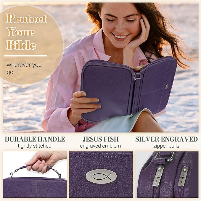 Christian Art Gifts Inspirational Vegan Leather Two-fold Organizer Bible Cover for Women, Jesus Fish Badge, Sturdy Carry Handle, Pen Loops, Pockets, Pen/Highlighter Combo & Notepad, Purple, Large