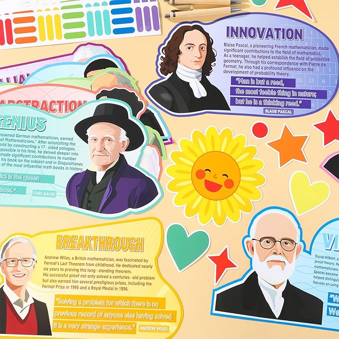 gisgfim Math Bulletin Board Decoration Set Back to School Classroom Famous Mathematician Paper Cutouts Motivational Inspirational Quote Bulletin Board Decor for Middle High School Door Chalkboard Wall