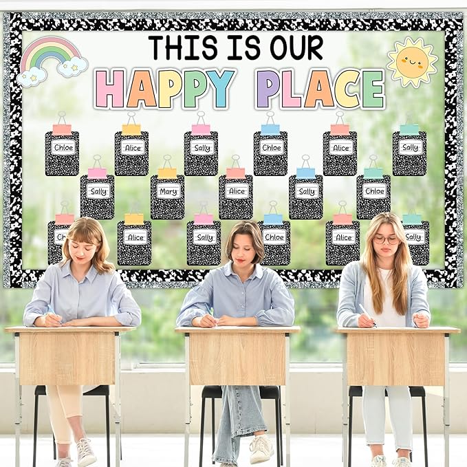 Composition Bulletin Board Decorations Set Welcome Back to School Classroom Decoration This is Our Happy Place Bulletin Board Rainbow Paper Cutouts for School Classroom Chalkboard Wall Decor Supplies