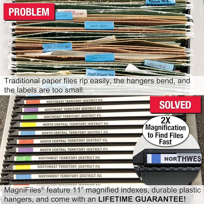 Ultimate Office MagniFile Hanging File Folders V Base Letter Size with 11 inch Magnified Indexes that Double The Size of Your File Titles to Find Files Fast. (Set of 10 Black)