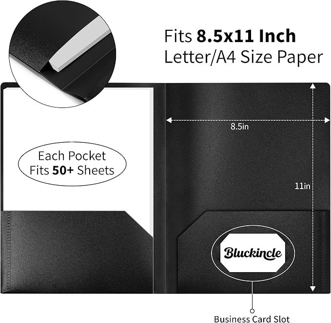 6 Pack Folders with Pockets Black, 2 Pocket Plastic Folder with Pockets for School File Folder for Documents Letter Size with Business Card Slot Back to School Office Teacher Supplies