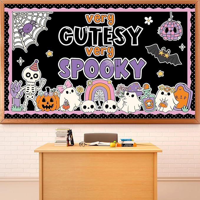 Halloween Bulletin Board Decorations Cute Ghost Paper Cutouts Very Cutesy Very Spooky Bulletin Board Set Pumpkin Spider Bat Party Supplies for Halloween School Chalkboard Wall Window Decoration Favor