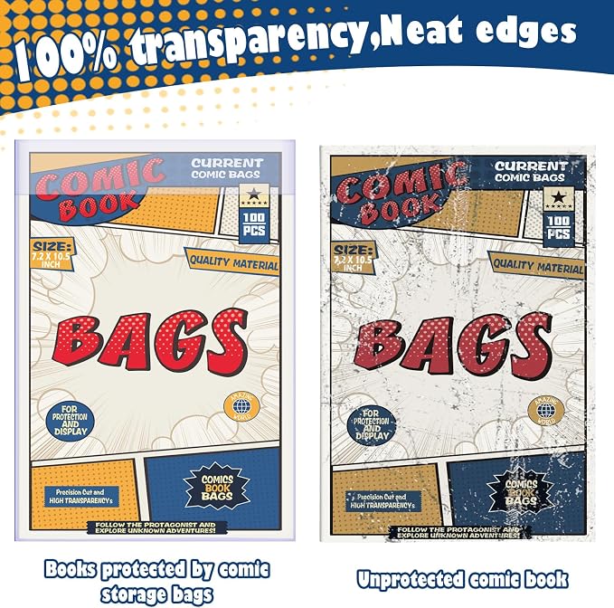 Leffis 100 Count Comic Book Current Size Bags and Boards Transparent Acid-Free and Reusable Comic Book Sleeves for Regular Comics (Bags and Boards X 100pcs) (100 Count)