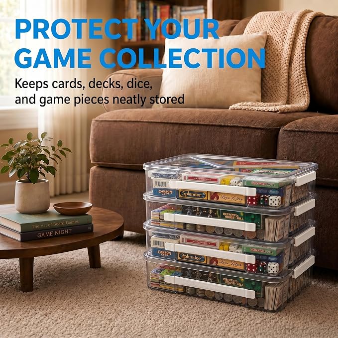 Board Game Storage & Puzzle Case 2 Pack,Extra Deep Storage Box with Lid,Stackable Storage Containers for A4 & Letter Paper,Clear Plastic Box with Latch for Crafts,Documents and Art Supplies