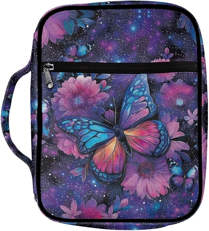 Suobstales Galaxy Butterfly Daisy Flower Print Bible Covers for Women Men Lightweight Bible Accessories with Handle and Zippered Pocket Bible Tote Bag for Kids