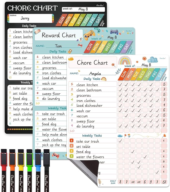 Magnetic Dry Erase Chore Chart - 8.5"x11" Behavior Responsibility Chore Board, Reward Chart for Kids, Teenagers - 6 Extra Fine Point Markers Included - Shipped Flat