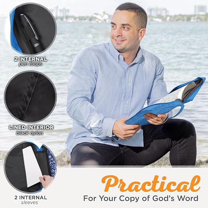 Christian Art Gifts Polyester Bible Cover for Men & Women w/Jesus Fish Patch, Zipper Pocket, Pen Loops, Easy Carry Book Case for Stationery, Accessories, Light Blue, Large