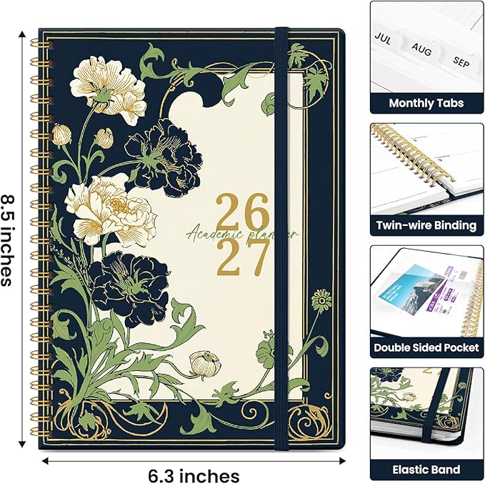 Planner 2026-2027, Academic Year Monthly and Weekly Calendar Planner, Jul 2026 - Jun 2027, Hardcover Teacher Student Planning Agenda book with Tabs, Perfect for School Office Supplies, 6.3" x 8.5" - Floral Dream