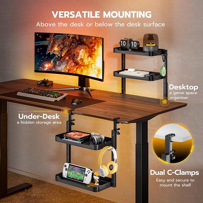 ARES WING 2-Tier Clamp On Desk Shelf, 16 inch Adjustable Above or Under Desk Storage Shelves Holds 66 lbs, Heavy Duty Desktop Organizer with Headphone Holder for Working and Gaming Accessories, Black