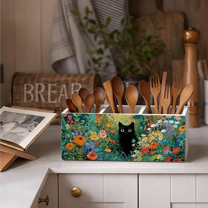 Black Cat Desk Organizer Wooden Pen Pencil Holder for Desk, 3 Compartments Office Desk Accessories, Floral Cat Desk Decor, Cute Cat Lover Gifts for Women Home Office Storage